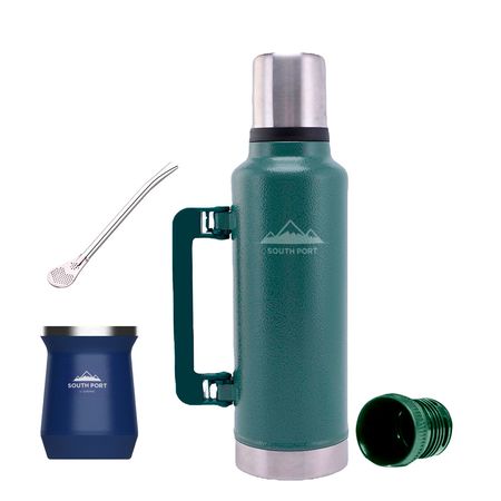 Kit de Termo Verde de 1.3 Litros, Mate Azul y Bombilla South Port Acero Inoxidable