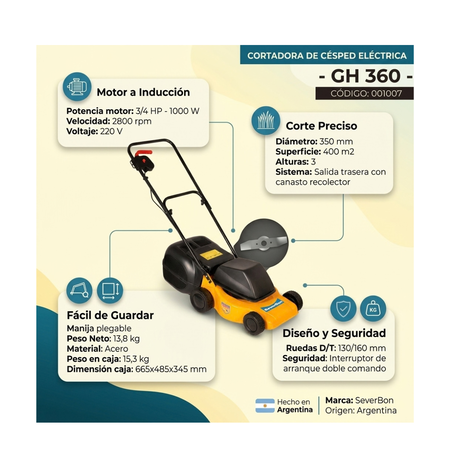 Severbon Cortadora Césped Eléctrica 1000W GH360 35cm