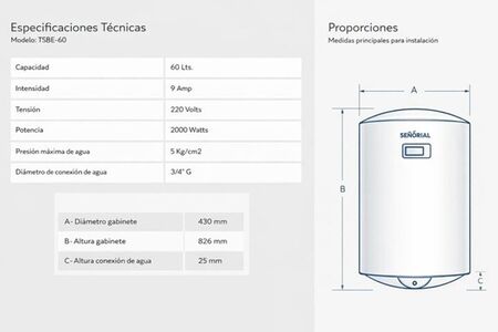 Termotanque Electrico Digital Señorial 60L Carga Inferior TSBE-60