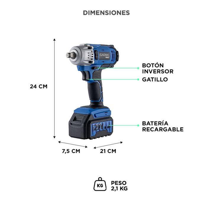 Llave de Impacto Inalámbrica Gadnic D200 20V - Vista 6