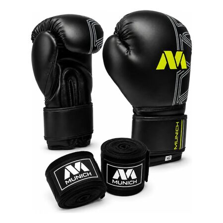 Kit Boxeo Munich Guantes Sparta Profesional + Vendas Band 5m 12oz Amarillo 8oz