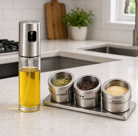 Aceitera spray difusor rociador acero inoxidable + set especiero iman