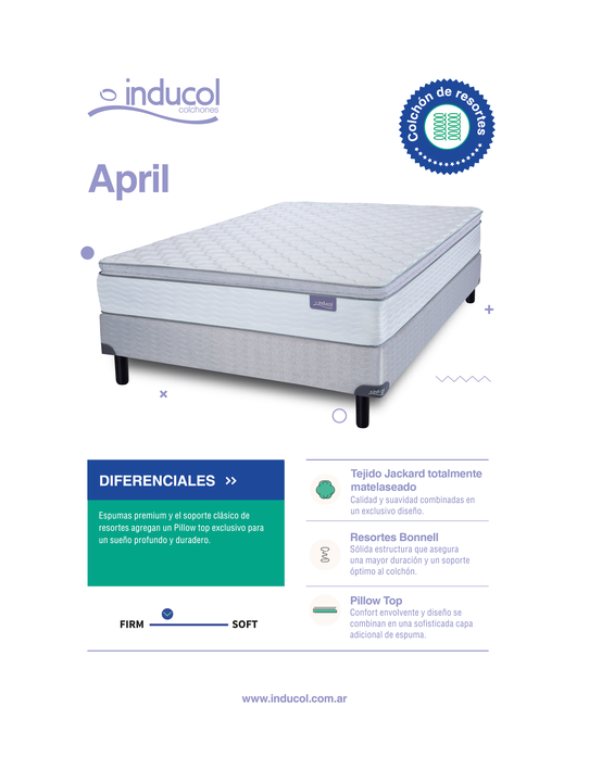 Colchon y Sommier Inducol April 2 Plazas y Media 140x190 Resortes Bonnell y Pillow Top Blanco - Vista 3