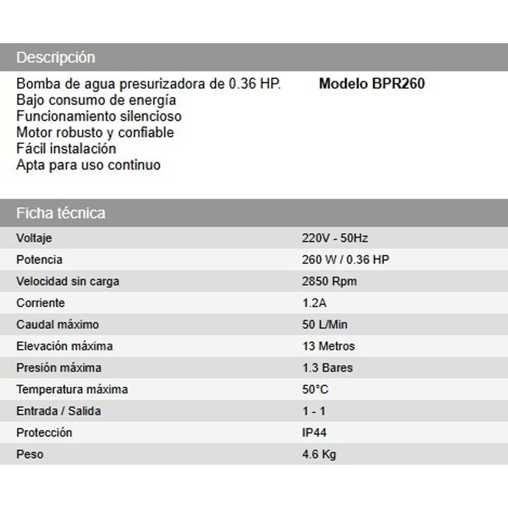 Bomba de agua presurizadora de 0.36 HP. DAIHATSU BPR260 - Vista 4