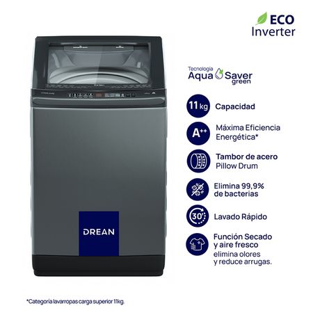 Lavarropa Carga Superior Inverter Drean 11 KG - 700 RPM Plata Lpdr1165lg