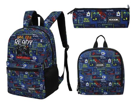 Mochila Escolar Kossok Musty + Lunchera + Cartuchera + Stick AZUL GAMER