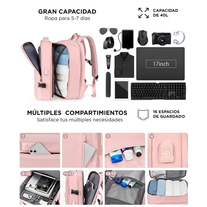 Mochila de Viaje Gadnic Expansible Impermeable (Gris) - Vista 5