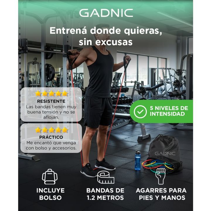 Bandas Elásticas Gadnic Kit x5 1.2mts 5 Intensidades + Anclajes y Accesorios - Vista 2