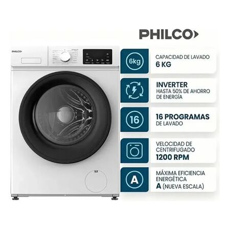 LAVARROPAS PHILCO PHLF67BN 6KG 1200RPM INVERTER BLANCO