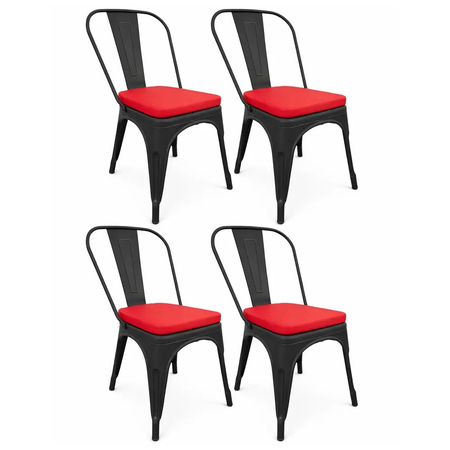 COMBO: 4 Sillas Metálicas Tolix Negro Mate + 4 Almohadones Cuerina Dalton Rojo C/Cierre
