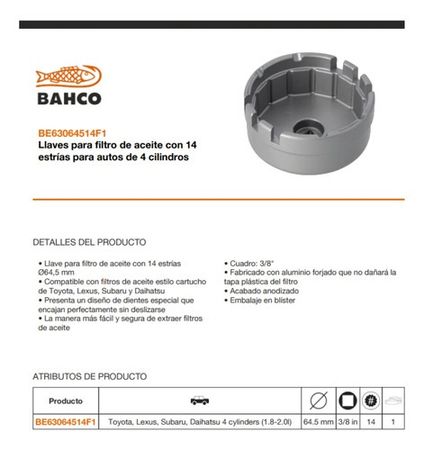 Saca Filtro Bahco Toyota Corolla Aluminio Encastre 3/8 Pulgada