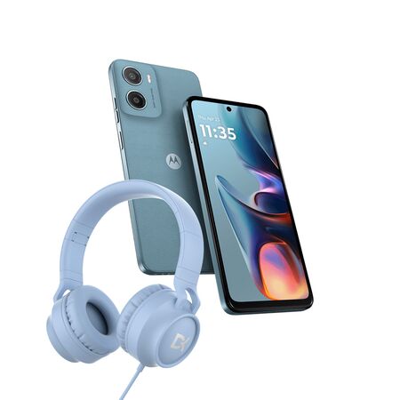Combo Celular Motorola Moto E15 Misty Blue 2+64gb + Auriculares Over Ear Vincha USB-C Celeste