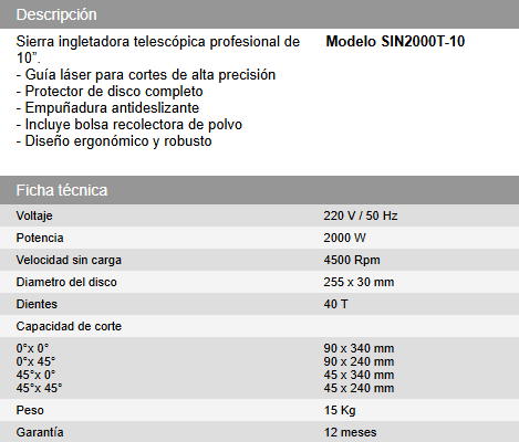 Sierra ingletadora telescopica profesional de 10" Modelo SIN2000T-10 DAIHATSU - Vista 3