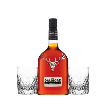 Set Whisky Dalmore King Alexander y 2 Vasos Tallados Con Estuche
