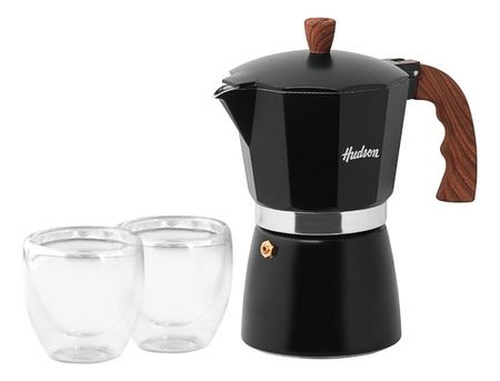 Set De Cafetera Italiana Negra 6 Tazas + 2 Vasos De Vidrio