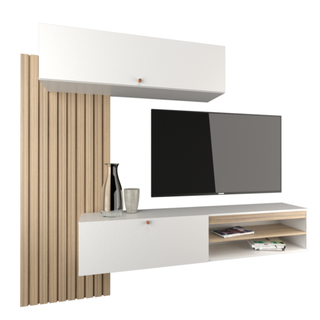MUEBLE PARA TV FLOTANTE DE COLGAR CON VARILLAS COCO BOLO/BLANCO