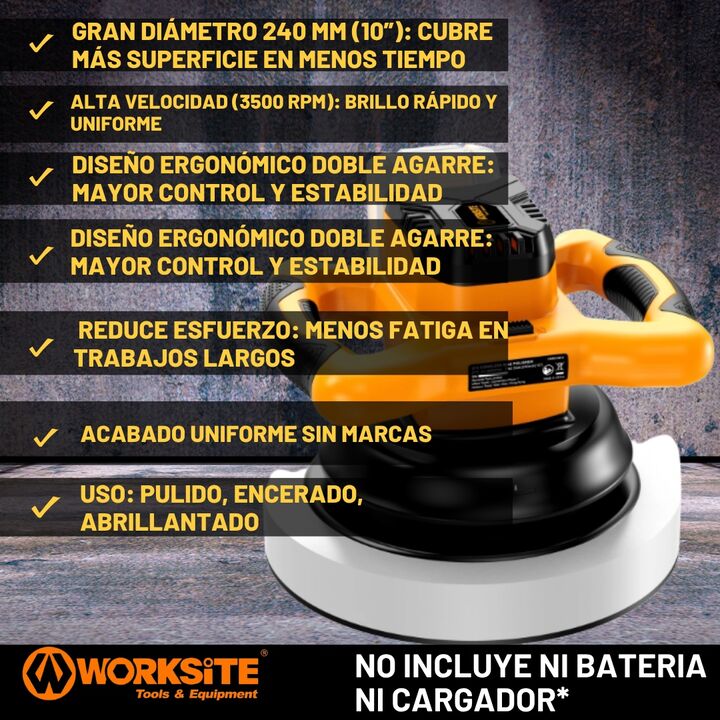 Pulidora Orbital Auto Inalambrica Bateria Worksite 3500 Rpm - Vista 3
