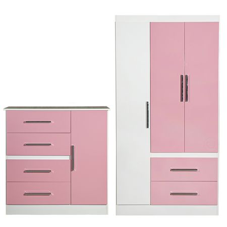 Combo de Dormitorio Ropero y Comoda Infantil Reforzada Melamina Combo Maximo Fortaleza Rosa y Blanco