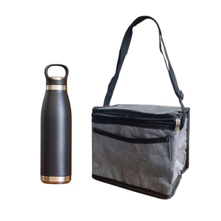 Set Vianda lunchera escolar conservadora gris  botella termica acero negra