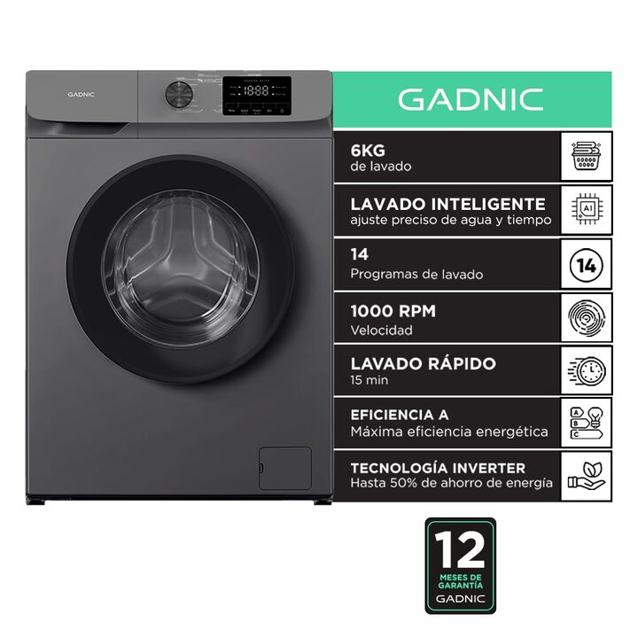 Lavarropas Gadnic 6 kg Inverter 1000 RPM 14 Programas 1850W Clase A Gris - Vista 1