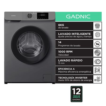 Lavarropas Gadnic 6 kg Inverter 1000 RPM 14 Programas 1850W Clase A Gris