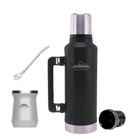Kit de Termo Negro de 1.3 Litros, Mate Blanco y Bombilla South Port Acero Inoxidable