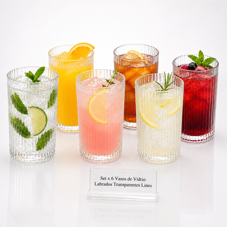 Set x6 Vasos Altos Tragos Vidrio Labrado Transparente Aston