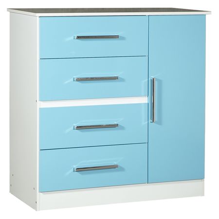 Mesa de luz y Comoda Cajonera Combo Infantil Reforzado Melamina Maximo fortaleza Celeste y Blanco