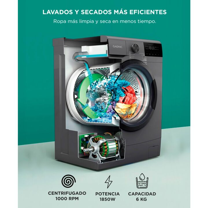 Lavarropas Gadnic 6 kg Inverter 1000 RPM 14 Programas 1850W Clase A Gris - Vista 3