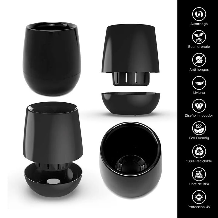 Maceta Autorriego Uovo Mediana Beruplast Negro - Vista 4