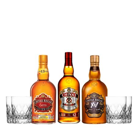 Set Whisky Chivas Regal Seleccion x 3 y 4 Vasos Tallados Con Estuche
