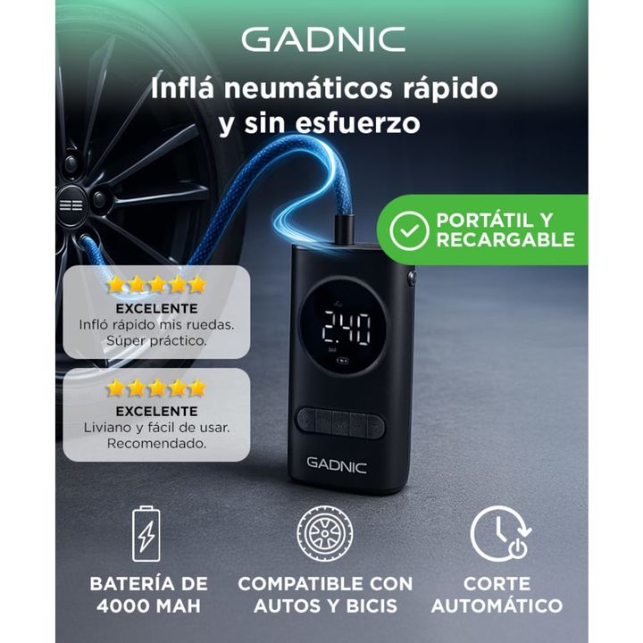 Inflador de Neumáticos Inalámbrico Gadnic Mini Recargable 50w - Vista 2