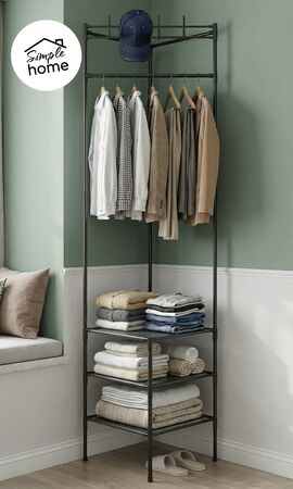 Perchero esquinero con barral + 2 estantes color negro