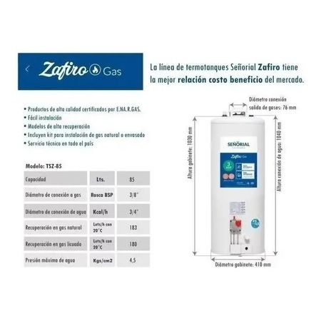 Termotanque Señorial 85 Zafiro Tsz-85 Colgar Apoyar Superior