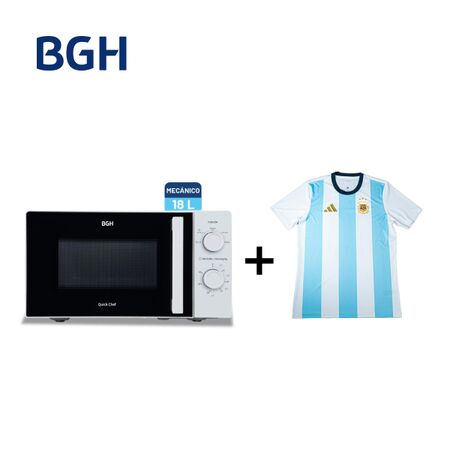 Combo Microondas BGH Mecánico 18L Blanco B118MB25 + Camiseta BGH adidas Talle M