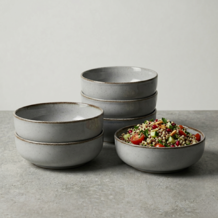Set x6 Bowls Compotera Porcelana Artesanal Filo Envejecido Rustico 15 cm Gris
