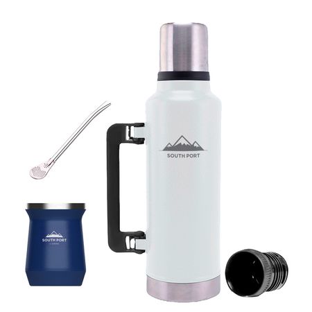 Kit de Termo Blanco de 1.3 Litros, Mate Azul y Bombilla South Port Acero Inoxidable