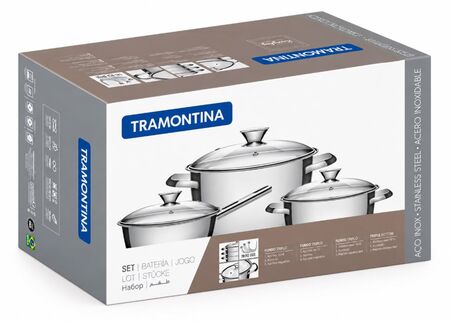 Batería de Cocina Tramontina 3 Pzas. Acero Inox. Triple Fondo + Tapas de Vidrio