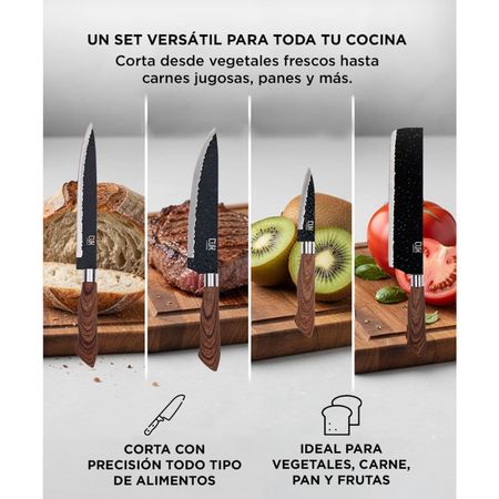 Set Gadnic x4 de Cuchillos de Cocina Con Mango Antideslizante + Pelador +Tijera 