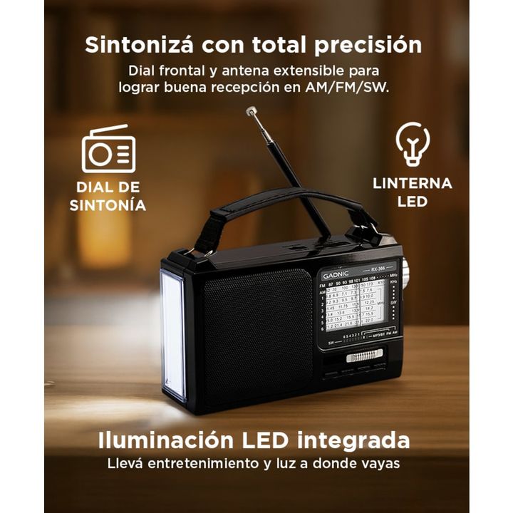 Radio Portatil BT GADNIC Inalámbrica AMFM Recargable Con Luz - Vista 4