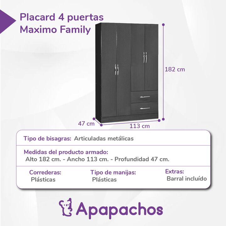 Ropero Placard 4 Puertas y 2 Cajones Ebano Maximo Family - Vista 3