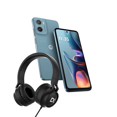 Combo Celular Motorola Moto E15 Misty Blue 2+64gb + Auriculares Over Ear Vincha USB-C Negro