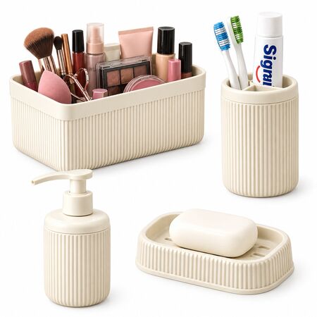 Set Organizador de Baño 4 Piezas – Dispenser, Porta Cepillos, Jabonera y Canasto Multiuso