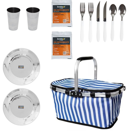 SET CAMPING CANASTA CONSERVADORA RAYADA VAJILLA Y REFRIGERANT