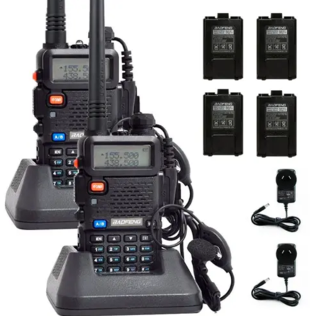 Handy Baofeng UV-5R Kit x2 Bi-Banda 8w Hasta 12km + 4 Baterías y 2 Manos Libres