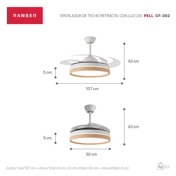 Ventilador de Techo Retractil RANSER PELL 35W Luz LED CF-302 Nordico Madera Blanco - Vista 3