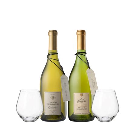 Set Vinos Blancos Pequeñas Producciones x 2 y 2 Copas Sin Pie Con Estuche