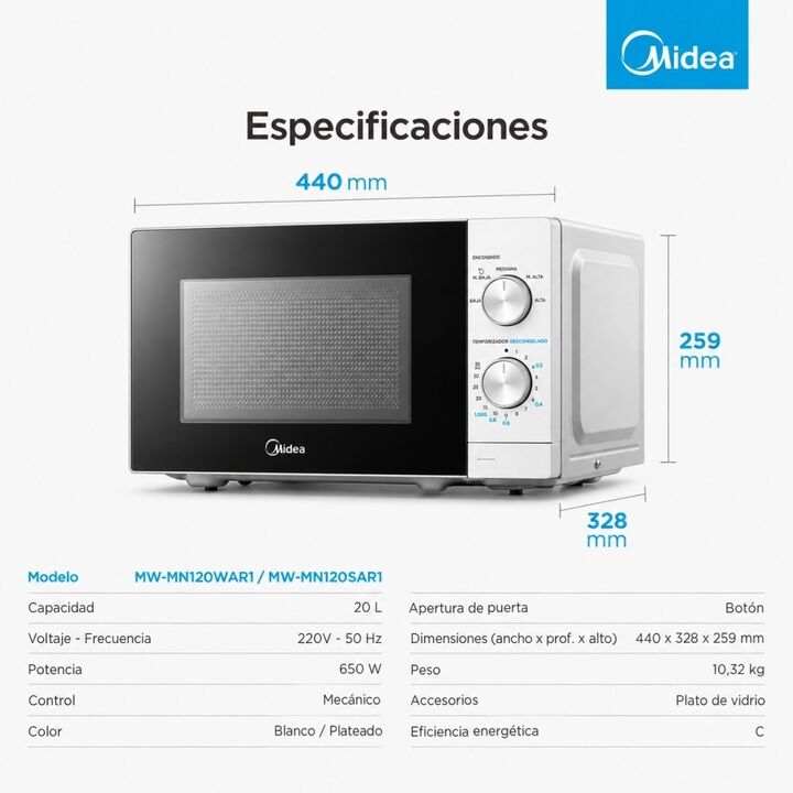 Horno a Microondas Midea 20L 650W Control Mecánico Blanco MW-MN120WAR1 - Vista 4