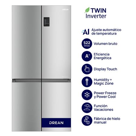 Heladera T-Door Twin Inverter con IA 522 L Inox Drean DTP469LKRSS0