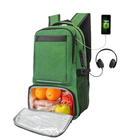 Mochila Porta Noteebok Con Candado + Bolsillo Antirrobo + Bolsillo Termico De Viaje EB101 Verde